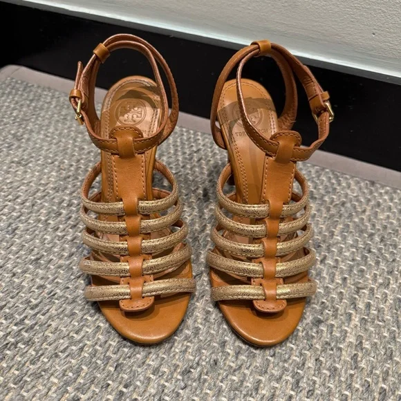Tory Burch Charlene Tan and Gold Women's Sandals Size 5 Authentic - Picture 1 of 9